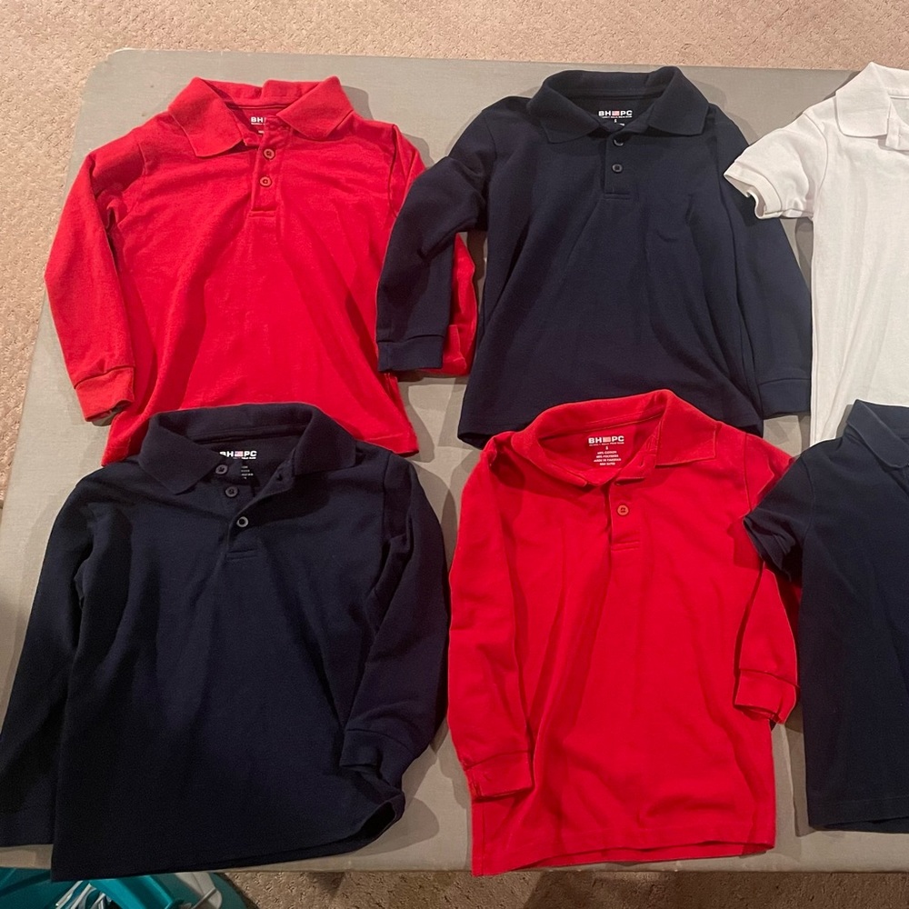 Boys size 5 School Shirts Navy, Red and White
